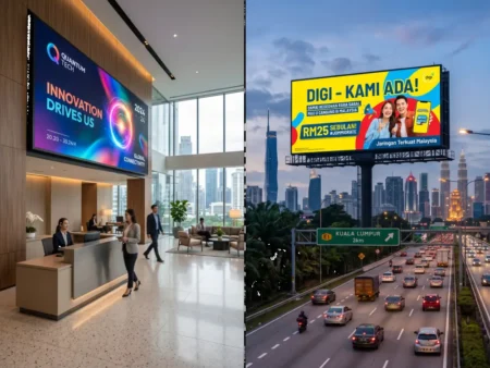 Indoor vs outdoor LED display comparison showing office lobby and Malaysian highway billboard
