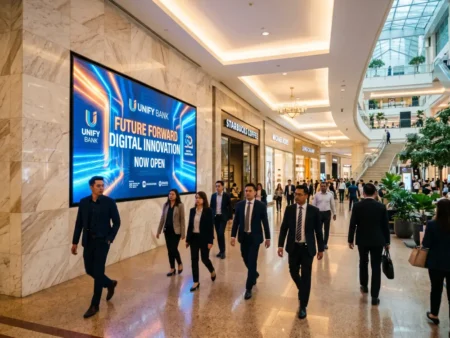 LED display screen mounted in modern Malaysian shopping mall lobby showing vibrant brand visuals