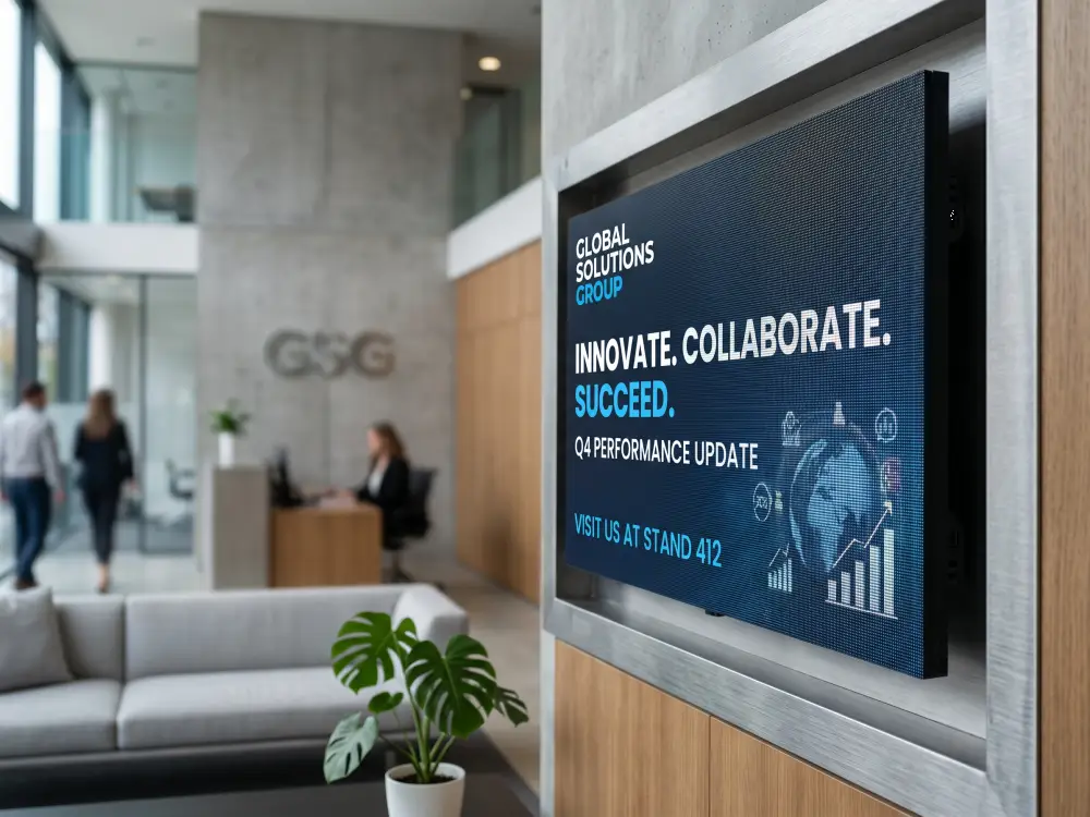 Close-up of LED display screen panel showing digital signage content in corporate office reception