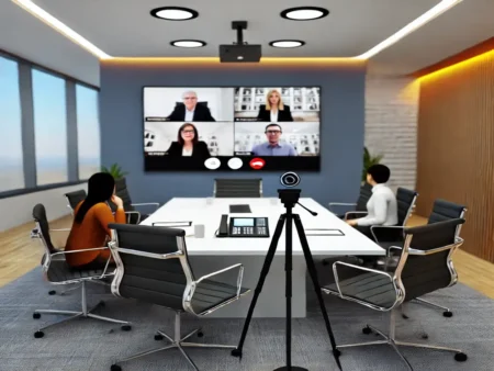 Video conferencing setup in a modern office.