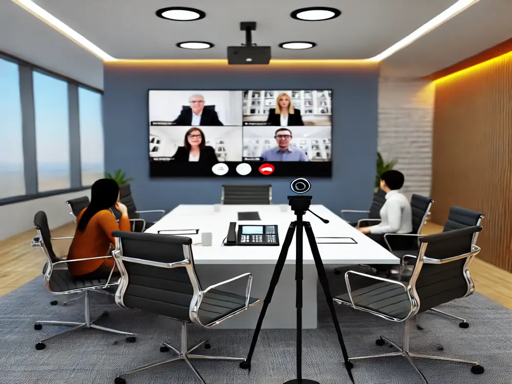Video conferencing setup in a modern office.
