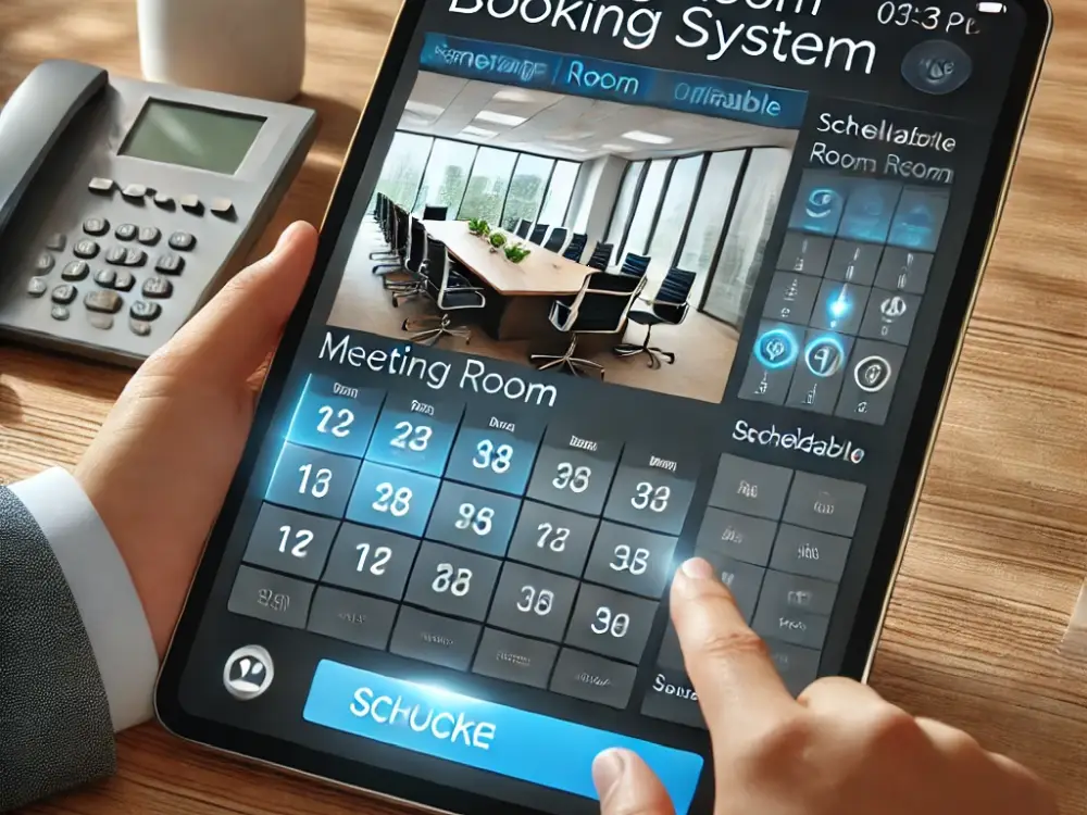 A modern meeting room booking system displayed on a tablet for easy room reservations.
