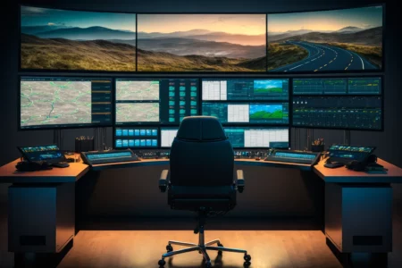 control room with multiple monitors chair generative ai 1200