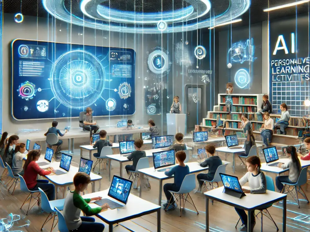 Futuristic classroom using interactive technology in education.