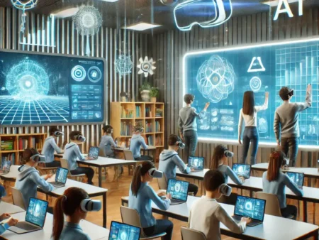 Futuristic classroom using interactive technology in education.