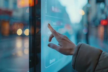 hand interacts with touchscreen interface modern city setting