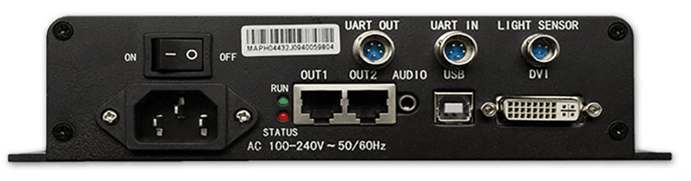 1 × DVI input 1 × audio input 1 × type-B USB control port UART control ports to cascade devices for uniform control. Dual Ethernet outputs. Supports the new generation of NovaStar calibration technology, which is fast and efficient. 1 × light sensor connector. Supports resolutions up to 2048×668@60Hz and downward compatibility. Supports a variety of video formats.
