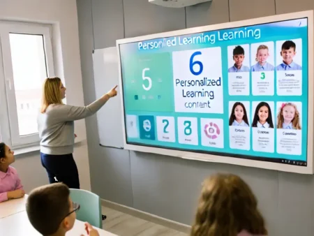 Interactive smartboard in personalized learning classroom.