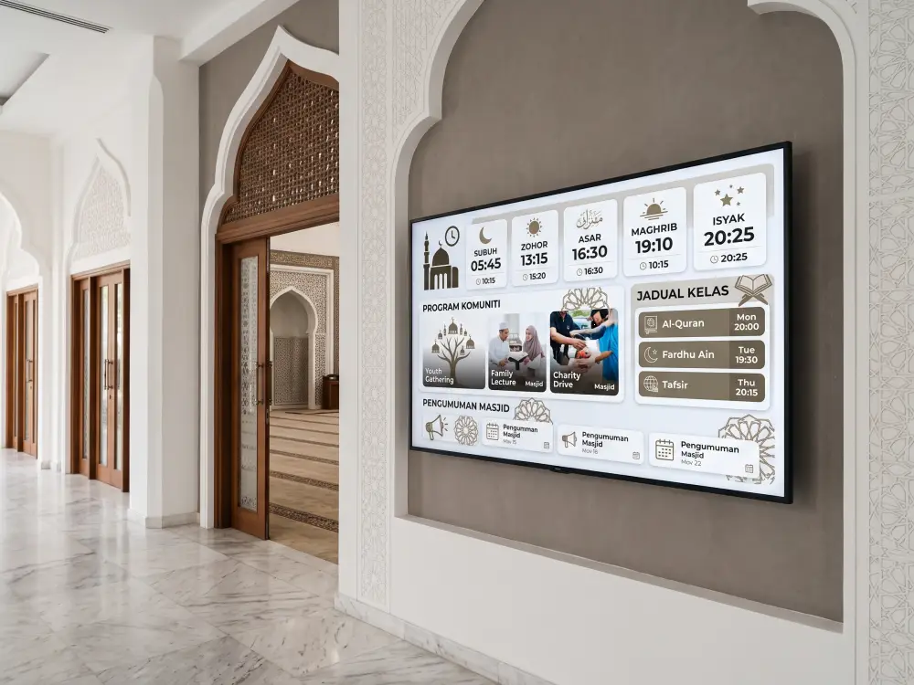 Digital masjid prayer information display showing organised community announcements