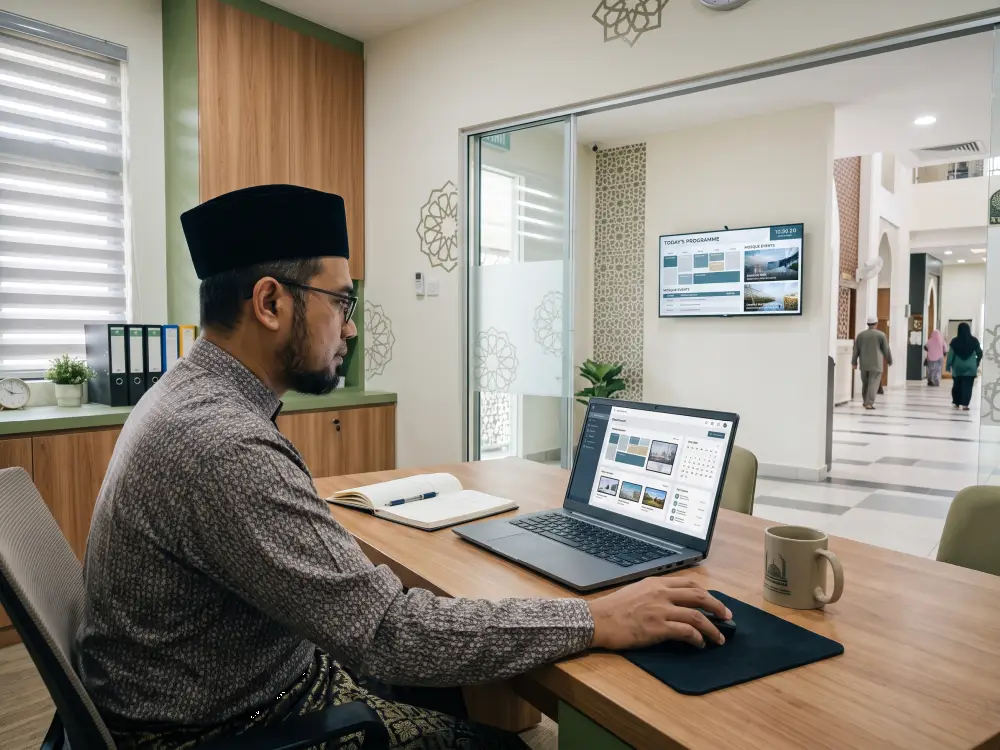 Mosque administrator managing digital signage content from a centralised platform