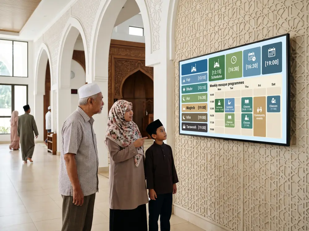 Digital signage for masjid showing prayer schedules and weekly programme announcements