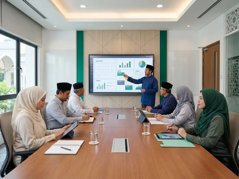 Mosque committee conducting an AJK meeting with an interactive smartboard in Malaysia