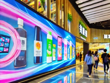 LED screens in retail spaces showcasing product promotions.