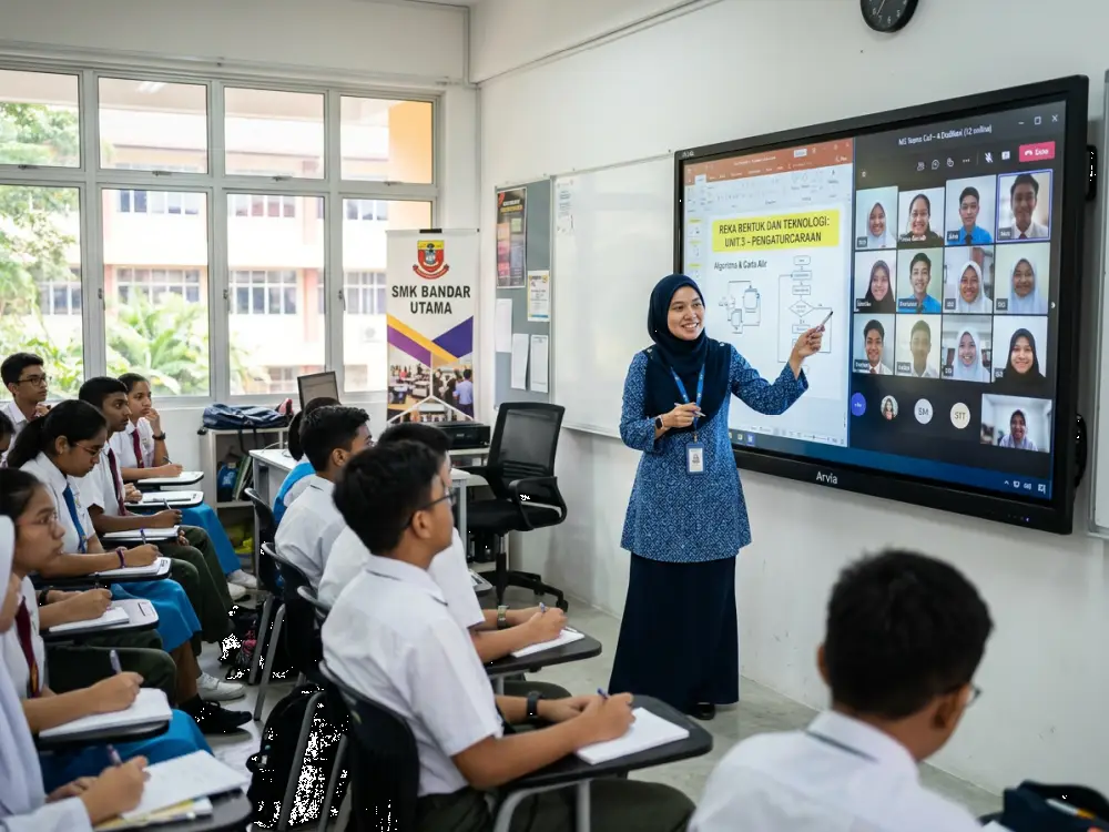 Guru menggunakan smartboard untuk pengajaran hibrid sekolah Malaysia — Israk Solutions