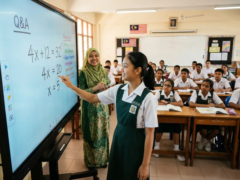 Pelajar berinteraksi dengan smartboard di bilik darjah Malaysia — Israk Solutions