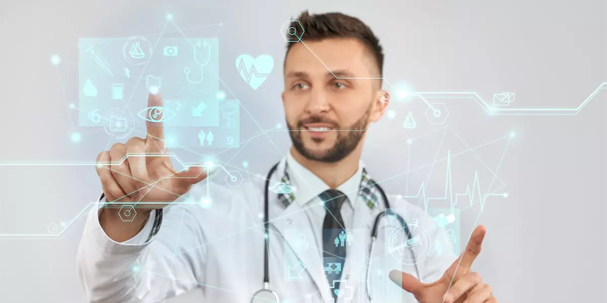 smiling doctor using virtual 3d projection 1200x600 1